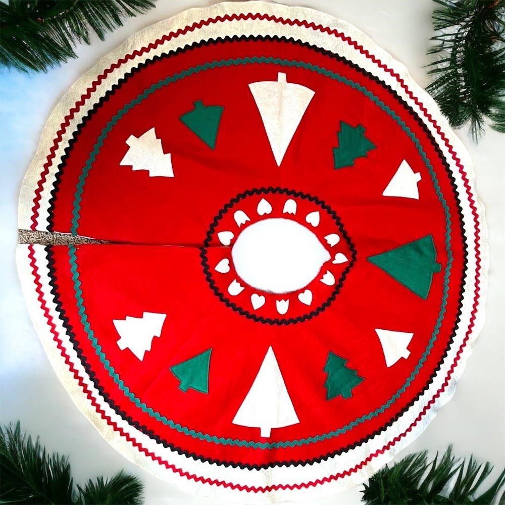 Vtg Mid Century Christmas Tree Skirt Felt 2 Layer Handmade 36"‎  Trees Hearts